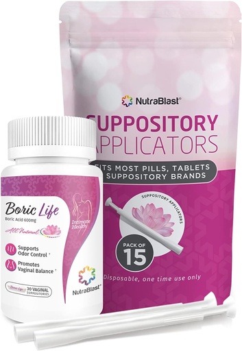 [BRSWGFQRAF5Q4ETD] NutraBlast Boric Acid Vaginal Suppositories 600mg Bundle with Applicator, 30 Suppositories & 15 Applicators - Feminine Care - Made in USA