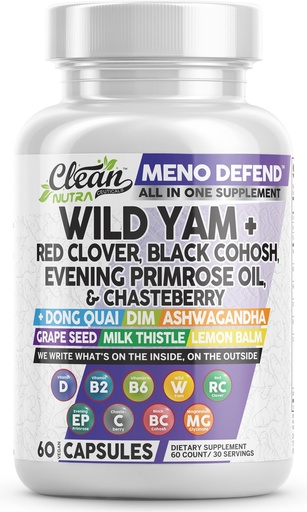[BRSRAYIQO4HQOELX] Clean Nutra Wild Yam Root Capsules with Red Clover Black Cohosh Evening Primrose Oil Chasteberry Dong Quai DIM Ashwagandha Grape Seed Extract Milk Thistle Lemon Balm and more Hormone Balance For Women
