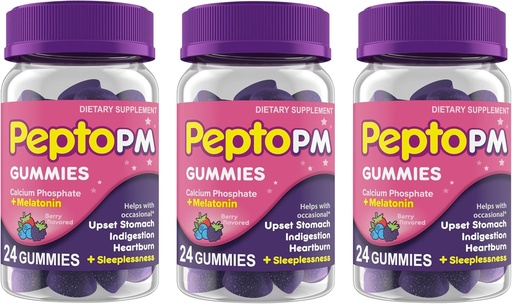 [BRSROHAYCEAWCYL2] Pepto PM Gummies with Melatonin for Sleep Support, Fast and Effective Digestive Relief from Heartburn, Indigestion, Upset Stomach and Sleeplessness - Berry Flavor, 24 Ct (Pack of 3)