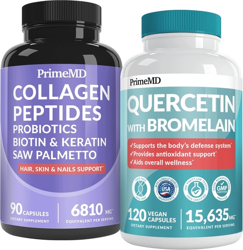 [BRSRAAL7A4FRGGT2] 27-en-1 Peluquería y uñas Vitaminas (6810mg) w/Biotin y Collagen Crecimiento del cabello Vitaminas con Probióticos y Saw Palmetto, 90 ct - 28-en-1 Quercetina con Bromelain para la Defensa del Inmuno Diario (120ct)