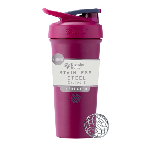 [BRSROGAPC54B4ALH] BlenderBottle Sport Sleek Insulated Stainless Steel Shaker Bottle with Wire Whisk, Protein Shakes & Hydration for Athletes & Fitness Enthusiasts, Easy Mixing, Lockable Lid, 25-Ounce, Raspberry