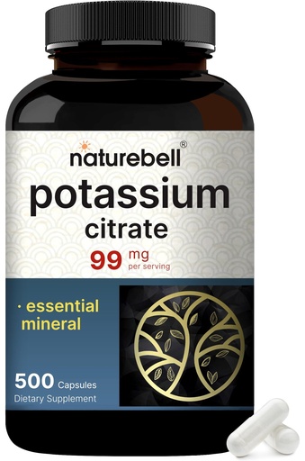 [BRSRAFQKC4HGA2TP] Potassium Citrate Supplement 99mg, 500 Capsules | Chelated Mineral Supplements – Essential Mineral Electrolyte – Non-GMO, Gluten Free