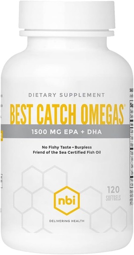 [BRSRAHAZOIPAIA3Z] NBI Best Catch Omegas High Potency Omega-3 | EPA + DHA for Heart, Brain Support | Best Absorption | Sustainably Sourced | Burpless Formula | Natural Lemon Scent | 120 Softgel Capsules