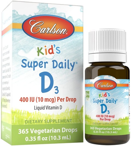 [BRSWIFIIAIGR2CD2] Carlson - Kid's Super Daily D3, Vitamin D Drops for Kids, 400 IU per drop, 1-Year Supply, Heart & Immune Health, Vegetarian, Liquid Vitamin D Drops, Unflavored, 365 drops