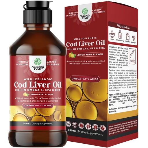 [BRSRAFQ5CQOQOYLA] Icelandic Wild Caught Cod Liver Oil Liquid - Fish Oil Drops with Omega 3, EPA, DHA, Vitamin D & A - Liquid Cod Liver Supplement for Heart, Joint, Brain & Immune Support - 8 Fl Oz