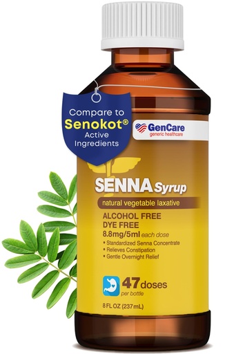 [BRSW2H37A4PBU2T3] GenCare - Senna Syrup Liquid Laxative (8 Fl Oz Bottle) All Natural Vegetable Sennosides Active Ingredient | Easy to Swallow Constipation Relief for Adults and Kids 12 and Older | Best Value Size