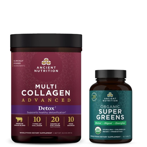 [BRSROAAKO4NWYYD5] Ancient Nutrition Multi Collagen Advanced Powder Cleanse & Detox, Unflavored, 36 Servings + Organic Super Greens Tablet 90 Count