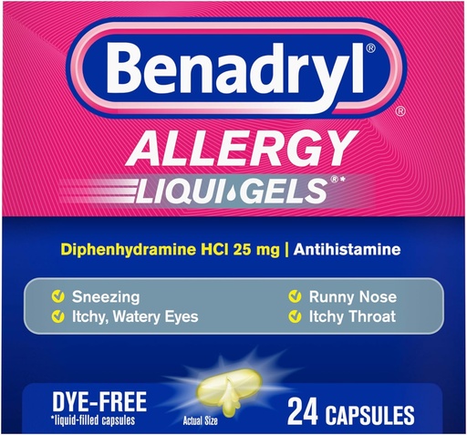 [BRSWIY35AAIWAAD2] Benadryl Liqui-Gels Allergy Medicine, Dye-Free Liquid Gel Capsule con 25 mg di Diphenhydramine HCl Antistamina per il sollievo di allergia e sintomi freddi come Runny Nose & Sneezing, 24 ct