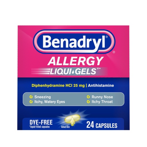 [BRSWIY35AAIWAAD2] Benadryl Liqui-Gels Allergy Medicine, Dye-Free Liquid Gel Capsules with 25 mg of Diphenhydramine HCl Antihistamine for Relief of Allergy & Cold Symptoms Like Runny Nose & Sneezing, 24 ct