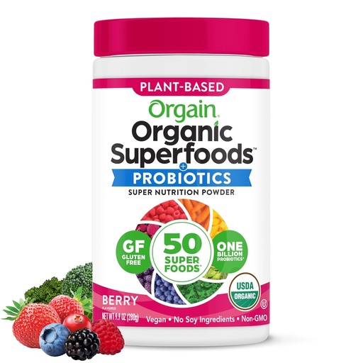 [BRSWK2Y5CYFBWFAV] Orgain Organic Greens Powder + 50 Superfoods, Berry - 1 bilion probiotika pro trávicí zdraví, Antioxidanty, Vegan, Plant- based, gluten- Free, Non- GMO, Green Juice & Smoothie Drink Mix - 0.62lb