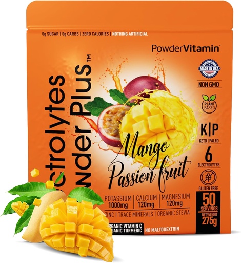 [BRSRAZT7OYHQ4D3H] PowderVitamin Electrolytes Powder Plus (50 сервий) Mango Passionfruit Electrolyte Powder Zero Calorie Keto, 0 Sugar, No Maltodextrin, 1000 мг калия, 120 мг кальция, 120 мг магния, гидрационный порошок