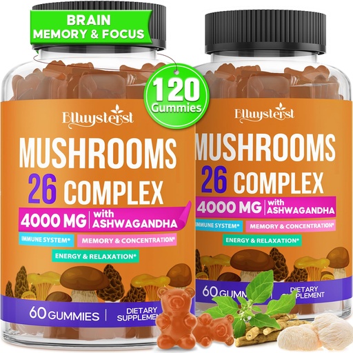 [BRSRAED4BEARQ2DK] Mushroom Gummies for Adults 4000mg, Brain Supplements for Memory and Focus, 26 in 1 Mushroom Supplement Complex with Ashwagandha & Lion's Mane, Turkey Tail, Reishi, Cordyceps, Organic, 120 Count