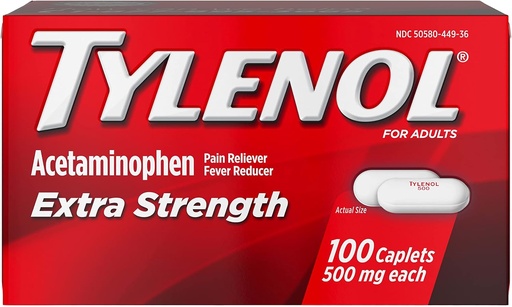 [BRSWICAOCYNGA2TU] TYLENOL Extra Strength Pain Reliever & Fever Reducer 500 mg, Caplets 100 ea Pack of 2