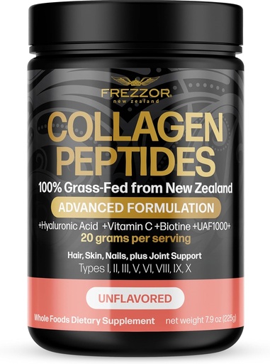 [BRSWYGQ3PMAWECTP] FREZZOR Collagen Peptides Poudre, réduit les rides et lignes fines, cheveux et ongles plus forts, favorise la flexibilité et la mobilité des jeunes, 100% Nouvelle-Zélande collagène à os hydrolysé de boeuf, non aromatisé 225g 1 pot