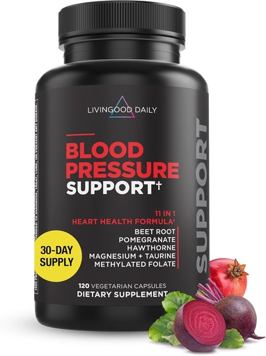 [BRSRM2Q6B4OWOEL6] Livingood Daily Blood Pressure Support, Heart Health Supplement for Men & Women with Beet Root, Pomegranate, Hawthorn, Magnesium & Taurine, Cardiovascular Support Formula, Vegan, 120 Capsules