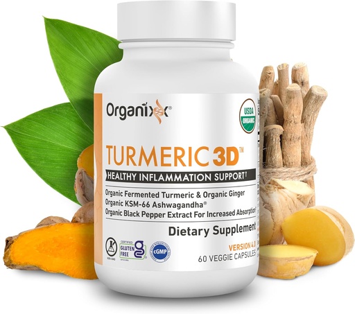 [BRSWG2QDO56QI2DZ] Organixx USDA Organic Turmeric Curcumin Supplement with Ashwagandha, Turmeric " Ginger – Immune " Joint Support, Fermented for Maximum Bioavailability, 60 Vegetarian Capsules