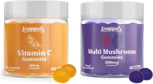 [BRSRABQQA55WEHIV] Droppels Multi Mushroom &amp; Vitamina C Gummies Bundle ← Vegan Immune Support Suplemento Silencio Mushroom Extractos con Reishi, Lion’s Mane, Chaga &amp; Más + 180mg Vitamina C latitud mixed Berries & Tangerine Flavors, 2