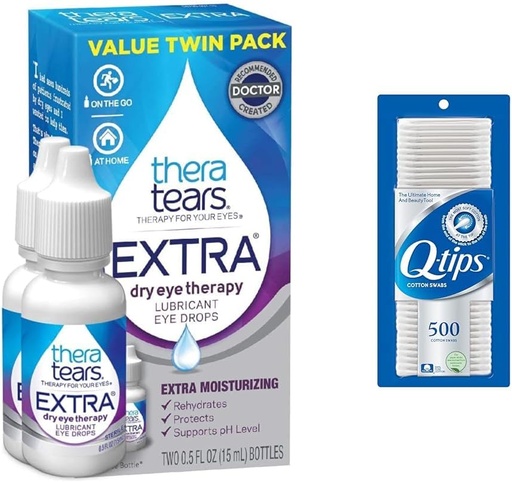 [BRSRAYYYOQAQMDLU] TheraTears Extra Dry Eye Drops 0.5 fl oz 2 Count with Q-Tips 100% Cotton Swabs 500 Count