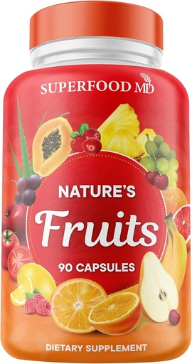 [BRSRAZI2OF4GYETK] Superfood MD Fruits Supplement - 90 Fruits Capsules - Supports Energy Levels, High Lycopene, Vitamins & Minerals - Soy Free - 90 Count