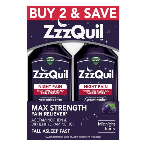 [BRSWYZD3CIOQ2HLO] ZzzQuil Liquid, Max Strength Pain Reliever, Nighttime Sleep Aid Liquid, Acetaminophen 1000mg, Diphenhydramine 50mg HCI, Non-Habit Forming, Midnight Berry Flavored, 2 Pack, 24 FL OZ