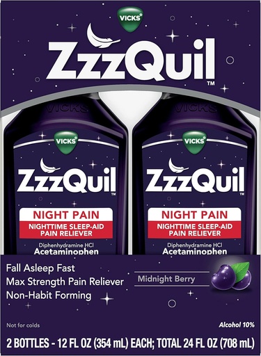 [BRSWYZD3CIOQ2HLO] ZzzQuil Liquid, Max Strength Pain Reliever, Nighttime Sleep Aid Liquid, Acetaminophen 1000mg, Diphenhydramine 50mg HCI, Non-Habit Forming, Midnight Berry Flavored, 2 Pack, 24 FL OZ