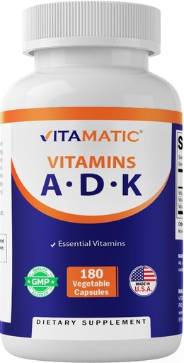 [BRSRAEABORYW2D34] Vitamatic ADK Vitamin Supplement, 180 Veg Capsules, High Potency Vitamins A, D3, K2 for Bone Health, Calcium Absorption, Non-GMO, Gluten Free