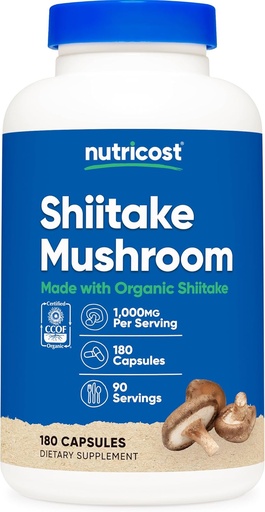 [BRSWYFA7OV7AKF3G] Nutricost Organic Shiitake Mushroom Capsules 1000mg, 90 Serveringer - CCOF Certified Laget med økologisk, vegetarisk, Glutenfri, 500mg per kapsel, 180 kapsler