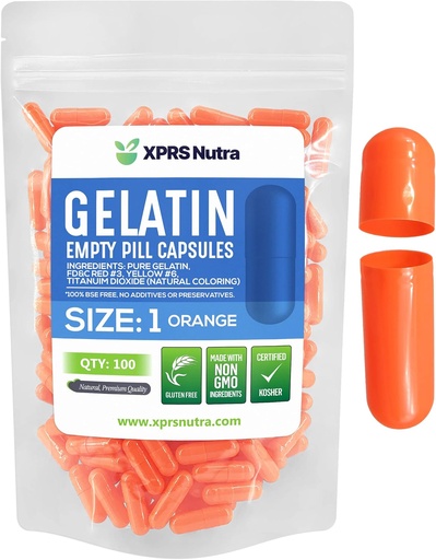 [BRSWY2YFCIPWEHQV] XPRS Nutra Size 1 Empty Capsules - 100 Count Empty Gelatin Capsules - Pill DIY Capsule Filling - Pure Bovine Pill Gel Caps for Do-It-Yourself Supplements (Orange)