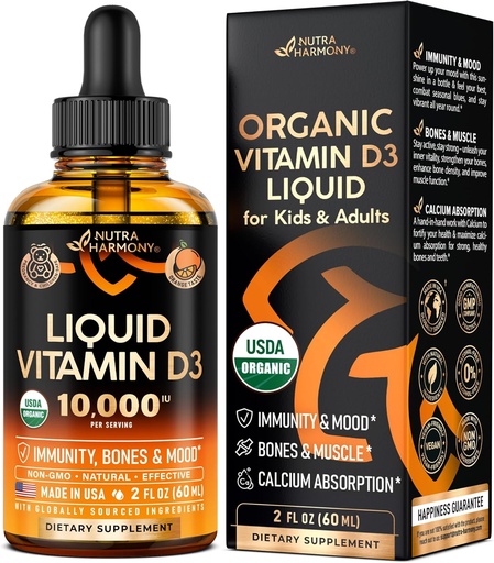 [BRSRAZIDOAHBSELP] USDA Organic Vitamin D3 10000iu - Vitamin D Drops for Infants, Kids & Adults, Pregnancy & Children Safe - Immune System, Mood, Bone Health & Muscle Support - Natural Orange Taste - 2 fl oz, 60 ml