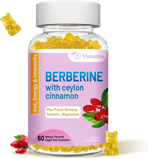 [BRSROAD6PMFGC3YV] Berberine with Ceylon Cinnamon Gummies, High Potency Berberine HCI Supplement, Immune Health Support, 60 Mango Flavored Gummies