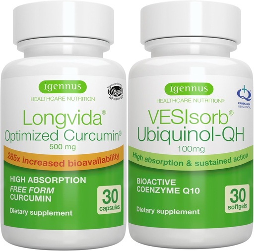 [BRSW2BT7DMPB4EQU] Longvida Curcumin 500mg + VESIsorb Ubiquinol-QH Advanced CoQ10 100mg Bundle, Ultra Bioavailable Curcumin with Bioavailable & Fast-Acting Ubiquinol, by Igennus