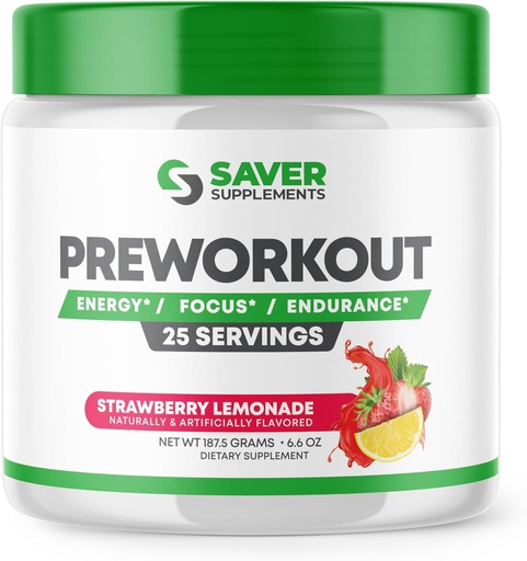 [BRSRAZLQBUBRQ23V] Pre Workout Powder with Beta Alanine, Creatine Monohydrate, BCAA, L Citrulline, L Arginine and Caffeine - Strawberry Lemonade Flavor - 25 Servings