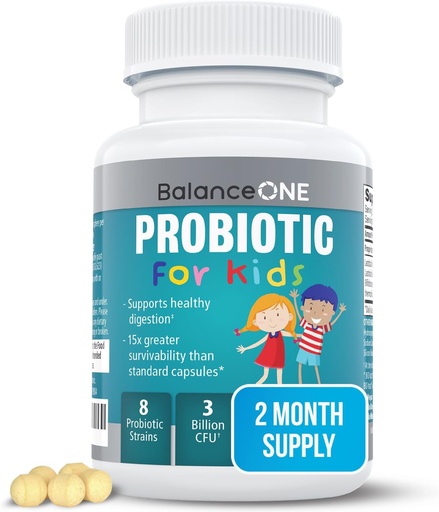 [BRSWYZYTAAFBAFDG] Balance ONE Probiótico para niños de liberación del tiempo – hasta 15 veces mejor supervivencia – 3 millones de CFU – Gut &amp; Digestive Support for Children – Sugar Free, Easy to Swallow, 2 meses de suministro