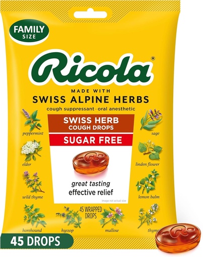 [BRSRMFI5OUNB4AAU] Ricola Sugar Free Swiss Herb Cough Drops, 45 Count, Cough Suppressant & Throat Relieving Drops with Naturally Sourced Menthol, Coughs & Throat Irritation Symptom의 주름 잡는 맛