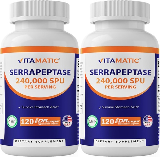 [BRSRAEI7PIPBQ334] Vitamatic Serrapeptase 240,000 SPU Servings, 120 Delayed Released Capsules - Enteric Coated - Non-GMO- Made in The USA (120 Count (Pack of 2))