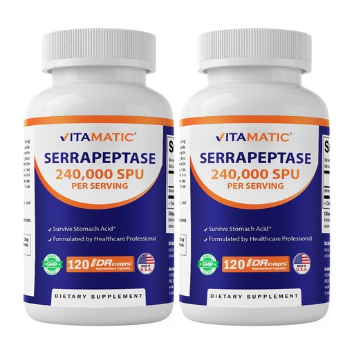 [BRSRAEI7PIPBQ334] Vitamatic Serrapeptase 240,000 SPU Servings, 120 Delayed Released Capsules - Enteric Coated - Non-GMO- Made in the USA (Pack of 2)