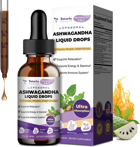 [BRSRAAIZOZ6GMHTB] Totaria Liposomal Ashwagandha Liquid Drops, Ultra Strength Ashwa Root Extract Supplement with Shilajit, Ginseng, Magnesium, Soursop, L-Theanine, 60ml