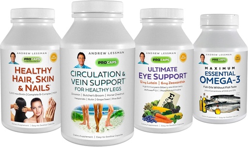 [BRSW2HQBPIFGCALV] ANDREW LESSMAN 4 Product Customer Favorites Bundle - 30 Count Each of Circulation & Vein Support, Healthy Hair, Skin and Nails, Ultimate Eye Support, and Maximum Essential Omega-3 (Orange)