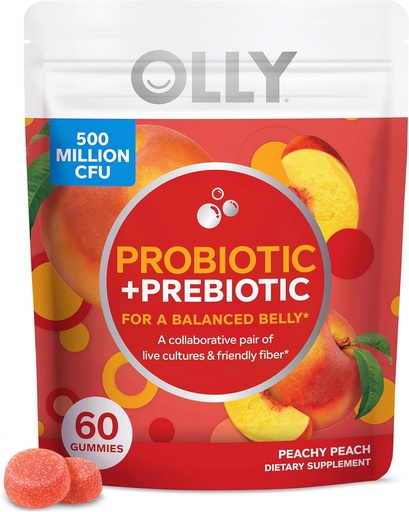 [BRSW2YAFAEJWO3AY] OLLY Probiotic + Prebiotic Gummy, Digestive Support and Gut Health, 500 Million CFUs, Fiber, Adult Chewable Supplement, Peach, Case Pack