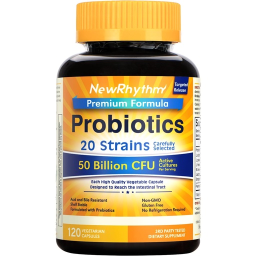 [BRSRAHYNOEFBQDTJ] NewRhythm Probiotics 50 Billion CFU 20 Strains, 120 Veggie Capsules, Targeted Release Technology, Stomach Acid Resistant, No Need for Refrigeration, Non-GMO, No Gluten