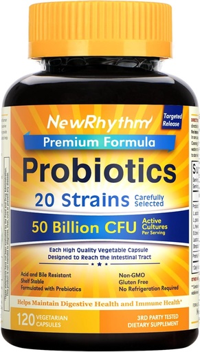 [BRSRAHYNOEFBQDTJ] NewRhythm Probiotics 50 Billion CFU 20 Strains, 120 Veggie Capsules, Targeted Release Technology, Stomach Acid Resistant, No Need for Refrigeration, Pack of 1, Non-GMO, Gluten Free