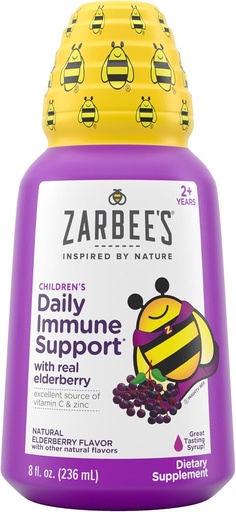 [BRSWYCQLOJYBEHLA] Zarbee's Elderberry Syrup for Kids, Daily Immune Support with Vitamin C & Zinc, Childrens Liquid Supplement, Natural Berry Flavor, 8 fl oz