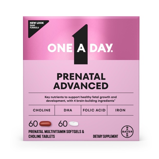 [BRSWYZQZBMFW2DTX] One A Day Prenatal Advanced- Prenatal Vitamins with Folic Acid, Choline, DHA & Iron, Pregnancy Vitamins for Women to Support Baby’s Development, 60+60 Ct (120 Total Set) (Packaging May Vary)