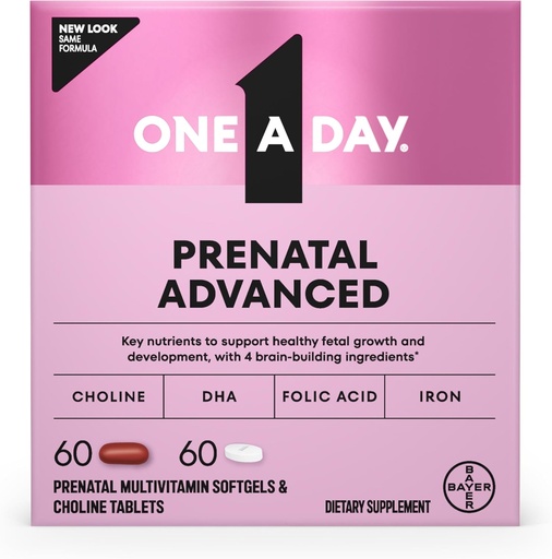 [BRSWYZQZBMFW2DTX] One A day Advanced- Prenatal Vitamins with Folic Acid, Choline, DHA ' Iron, Pregnancy Vitamins for Women to Support Baby’s Development, 60+60 Ct (120 Total Set) (Packaging May Vary)