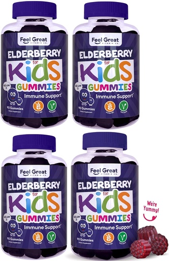 [BRSWYZAKO4NWAYL7] Feel Great Kids Elderberry Gummies with Zinc and Vitamin C (4-Pack) | Kids Immune Support Sambucus Elderberry Gummies | Berry Flavored Vegan Kids Multivitamins | 90 Gummies per Bottle