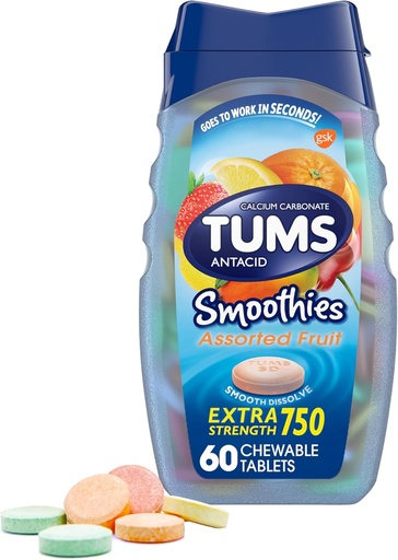 [BRSWIHY3CQNBOE3M] TUMS Smoothies Extra sila antacidum Žuvacie tablety na úľavu od pálenia záhy, rozmanité ovocie - 60 grófov (Stock of 1)