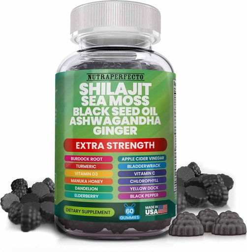 [BRSRAFI6CQNWCCI4] Shilajit Gummies z irlandzkim Sea Moss Black Seed Oil Ashwagandha Ginger Elderberry Witamina D3 Chlorofil Turmeric Bladderwrack Zaawansowana moc Formuła Resin Shilajit dla mężczyzn i kobiet