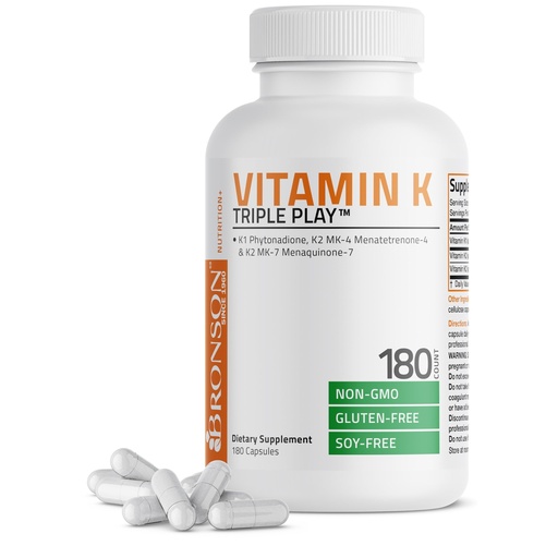 [BRSWKGL2OAEAKF3C] Vitamin K Triple Play (Vitamin K2 MK7 / Vitamin K2 MK4 / Vitamin K1) Full Spectrum Complex Vitamin K Supplement, 180 Capsules