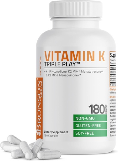 [BRSWKGL2OAEAKF3C] Vitamin K Triple Play (Vitamin K2 MK7 / Vitamin K2 MK4 / Vitamin K1) Full Spectrum Complex Vitamin K Supplement, 180 Capsules
