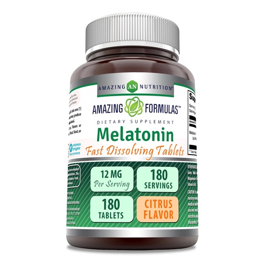 [BRSWYHQBAQDQGFYY] Amazing Formulas Melatonin 12 Mg | Tablets Supplement | Non-GMO | Gluten-Free | Made in USA (180 Tablets, Citrus)